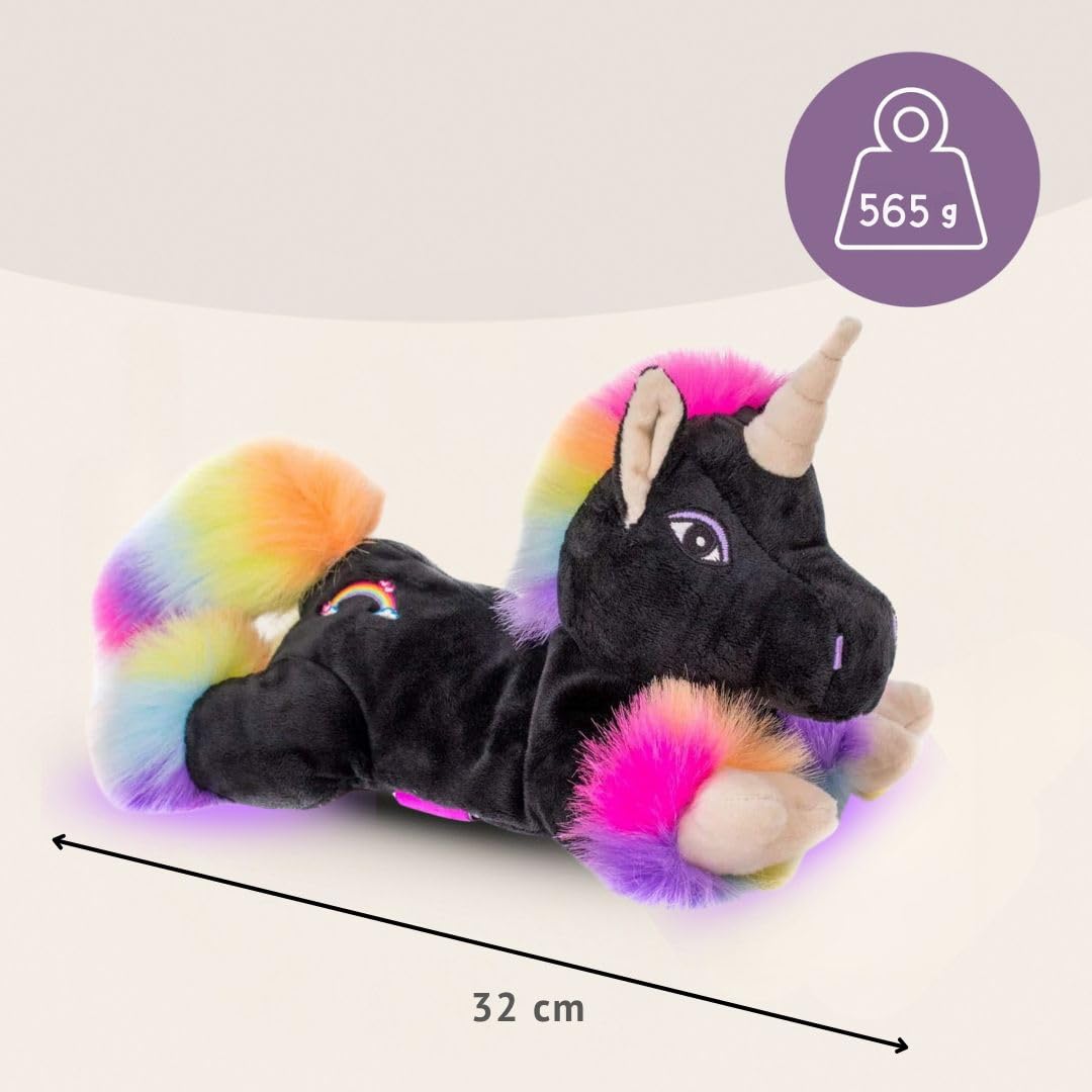 Habibi Premium Wärmekissen/Stofftier f. Kinder u. Erwachsene - 1848 Einhorn Black Rainbow, herausnehmbare Hirsefüllung - Wärmekuscheltier zum Erwärmen in der Mikrowelle/Backofen, ideal auch für Babys