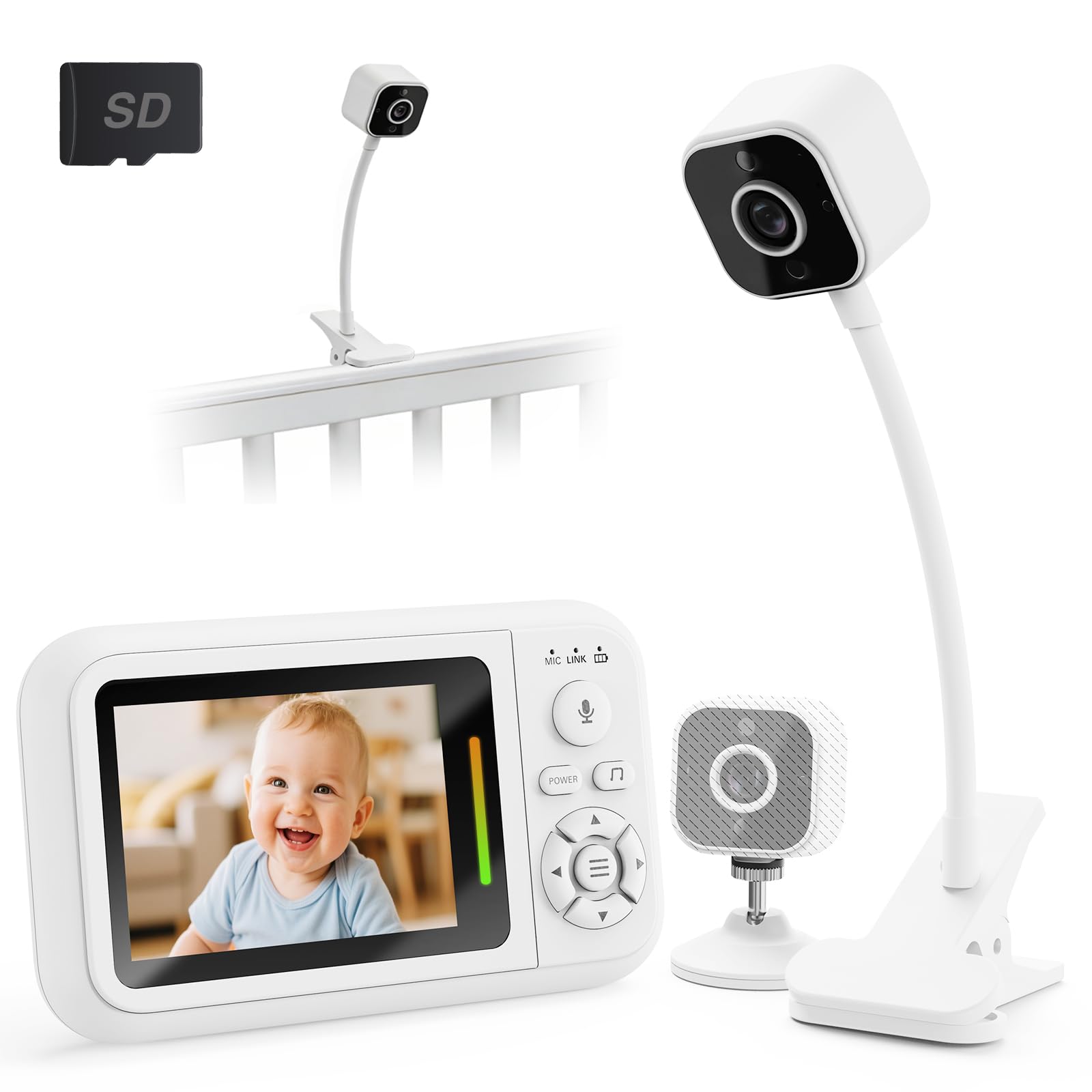 Babyphone mit Kamera Ohne WLAN, 1080P Baby Kamera Monitor mit Halterung & Bettclip, 2 Wege Audio, Temperatur, Weinen-Erkennung, Nachtsicht, 8 Schlaflieder, Foto- und Videoaufnahme, SD Karte Inklusive