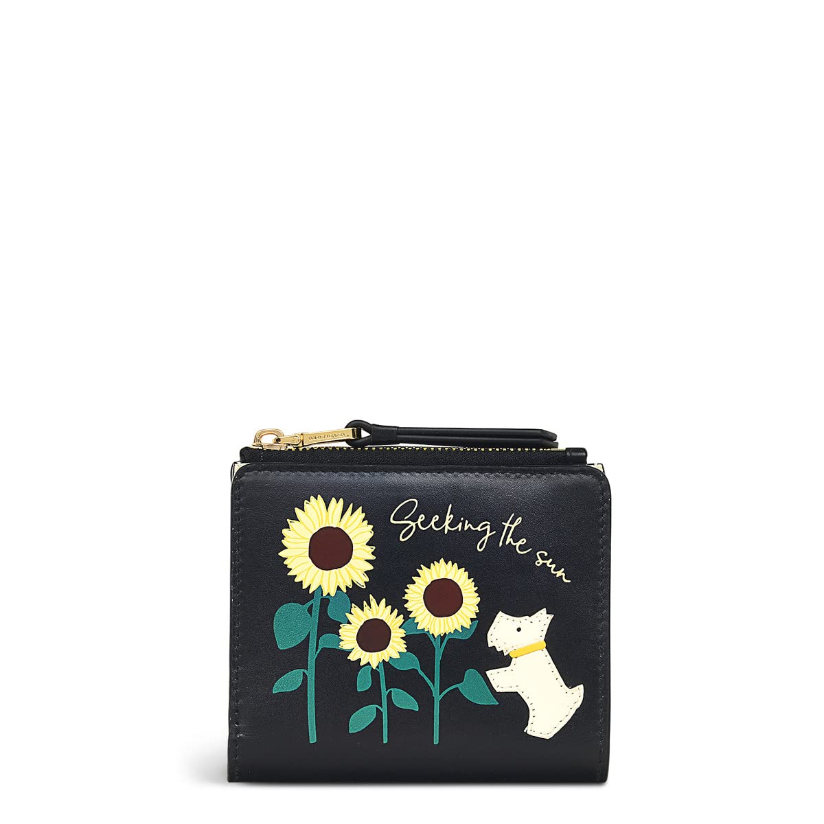 RADLEYLondon Seeking The Sun Small Bifold Purse for Women, Made from Black Smooth Leather with Hand-Drawn Sunflower Illustratiions & Appliqué Radley dogâ€‹â€‹, Purse with Six Card Slots & Notes Slot