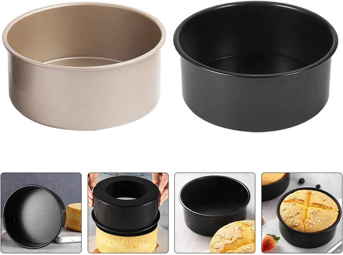 2pcs 6-inch Nonstick Removable Bottom round Cake Pans for Baking Chiffon, Cheese, and Rice Cakes – Black and Gold Metal Baking Mold Set