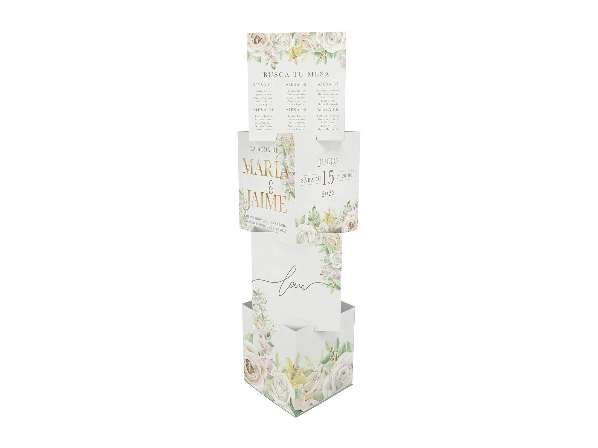 Oedim Tótem Personalizado de 4 Cubos Encajables | 38x41cm (Cada uno) | Fabricado en cartón microcanal Blanco estucado | Ideal para Todo Tipo de Eventos, Bodas