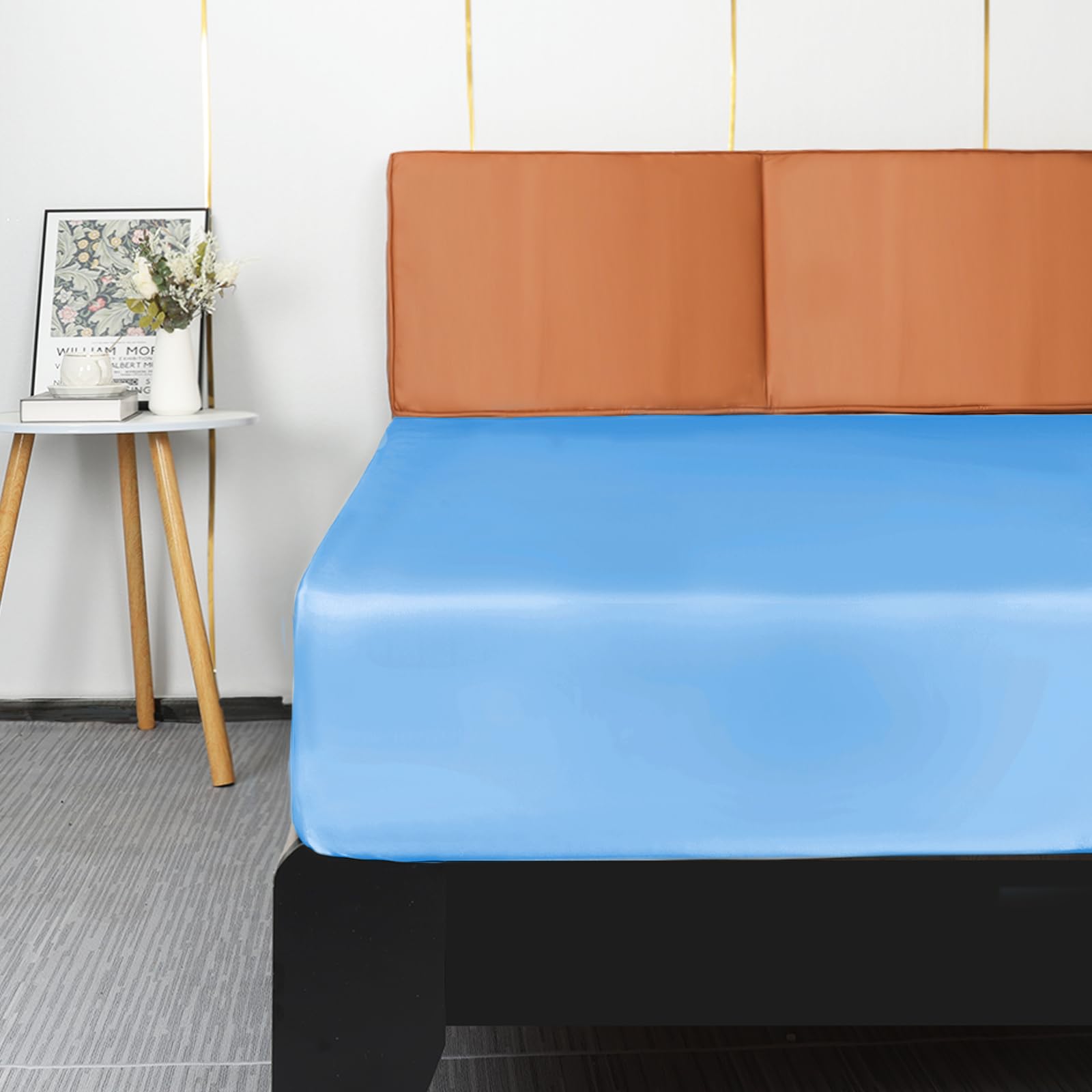 Lirex Satin Spannbettlaken 200x200cm, Seide Spannbetttuch Luxuriös und Seidig Glatt Weiche Microfaser Bettlaken für bis 35cm Matraze, Hellblau