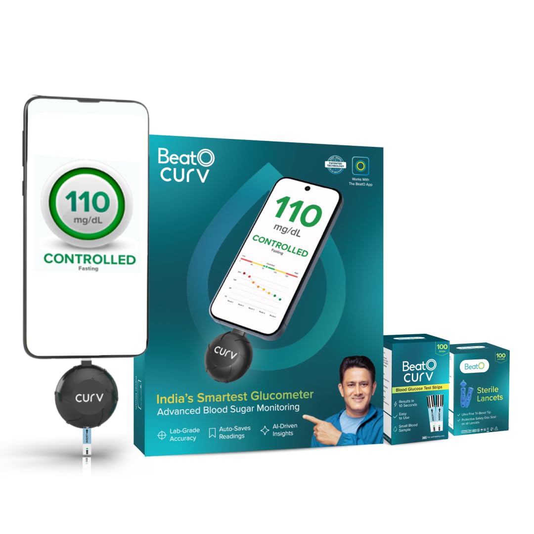 BeatO CURV Sugar Test Machine | FREE 100 Strips & 100 Lancets (Type-C USB Connector) | Simple & accurate testing of Blood sugar levels at home |Smartphone Connected Glucometer Machine | Android only | ISO Certified: Made in India