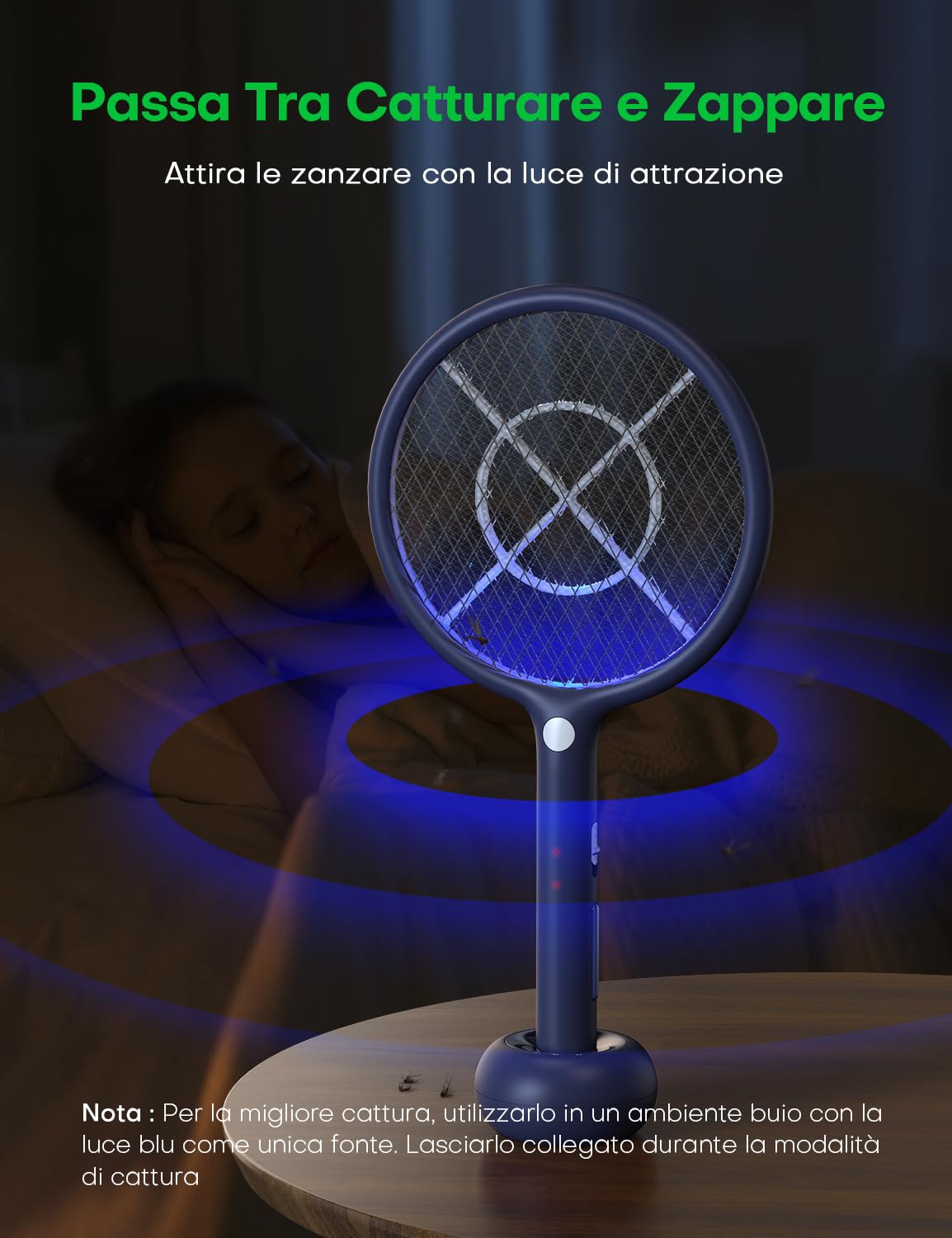 AROEVE Racchetta Zanzare Elettrica, 2-in-1 Racchetta Zanzare, 4000V, Base di Ricarica USB, Batteria Ricaricabile da 1200mAh, Modalità di Attrazione Auto, Luce LED, Protezione a 3 Strati,Blu