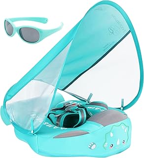 Mambobaby Newest Non Inflatable Baby Float Size Improved Add Tail Avoid Flip Over Swim Trainer Solid Infant Pool Float with Canopy UPF 50+ Swim Ring