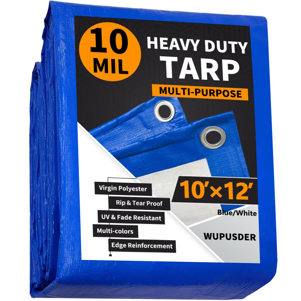 Photo 1 of 10'x12' Heavy Duty Tarp, 10Mil Blue/White Waterproof Tarps, Plastic Tarpaulin with Metal Grommets, Edge Reinforcement Tear Resistant, UV Resistant, Cover for Camping, Car, Roof Blue/White-10mil 10'×12'