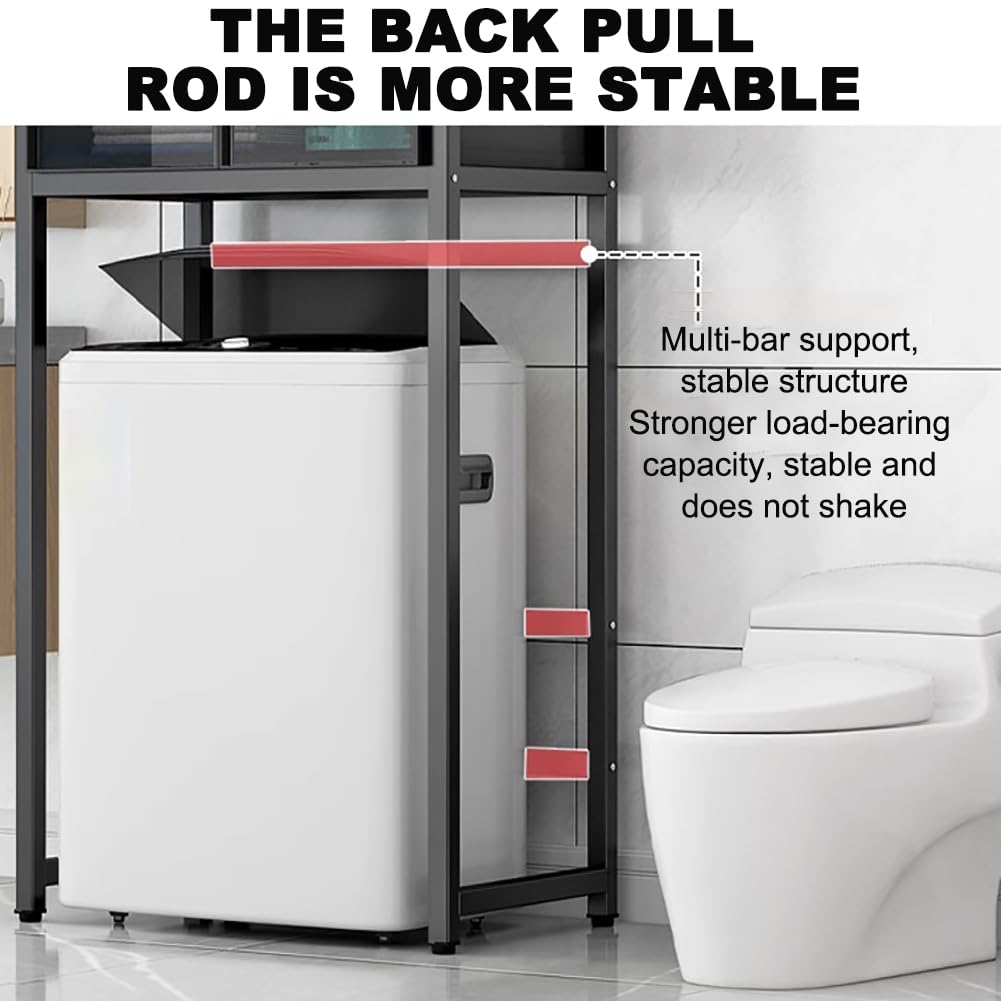 Estante de almacenamiento de baño con puerta de armario de cristal, 4 niveles, unidad de almacenamiento grande de hierro para baño, estante de almacenamiento multifuncional, color negro, largo 70 cm