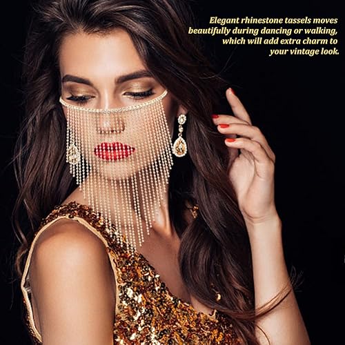 Miniatura 6 de AHANDMAKER Máscara de mascarada con flecos para mujer, velo facial con borla de diamantes de imitación con cadena para Mardi Gras fiesta de Halloween