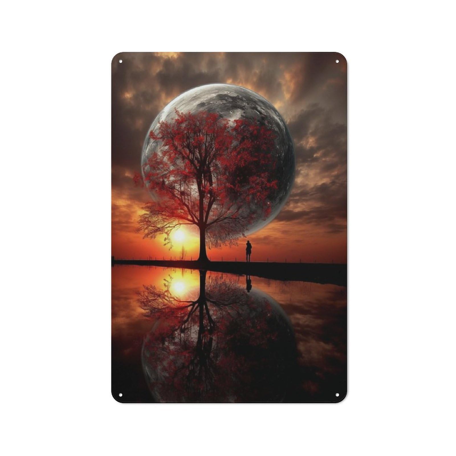 Junmoney Silhouette Tree And Giant Moon Rustic Metal Sign 30X20cm Featuring For Hallway Wall, A Decorative Gift For A Newly Furnished Hallway