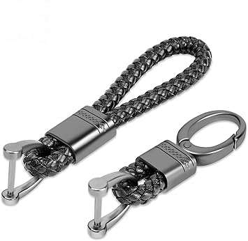 JVCV 2 Pack Genuine Leather Keychain with Zinc Alloy Buckle Keyring (Black)