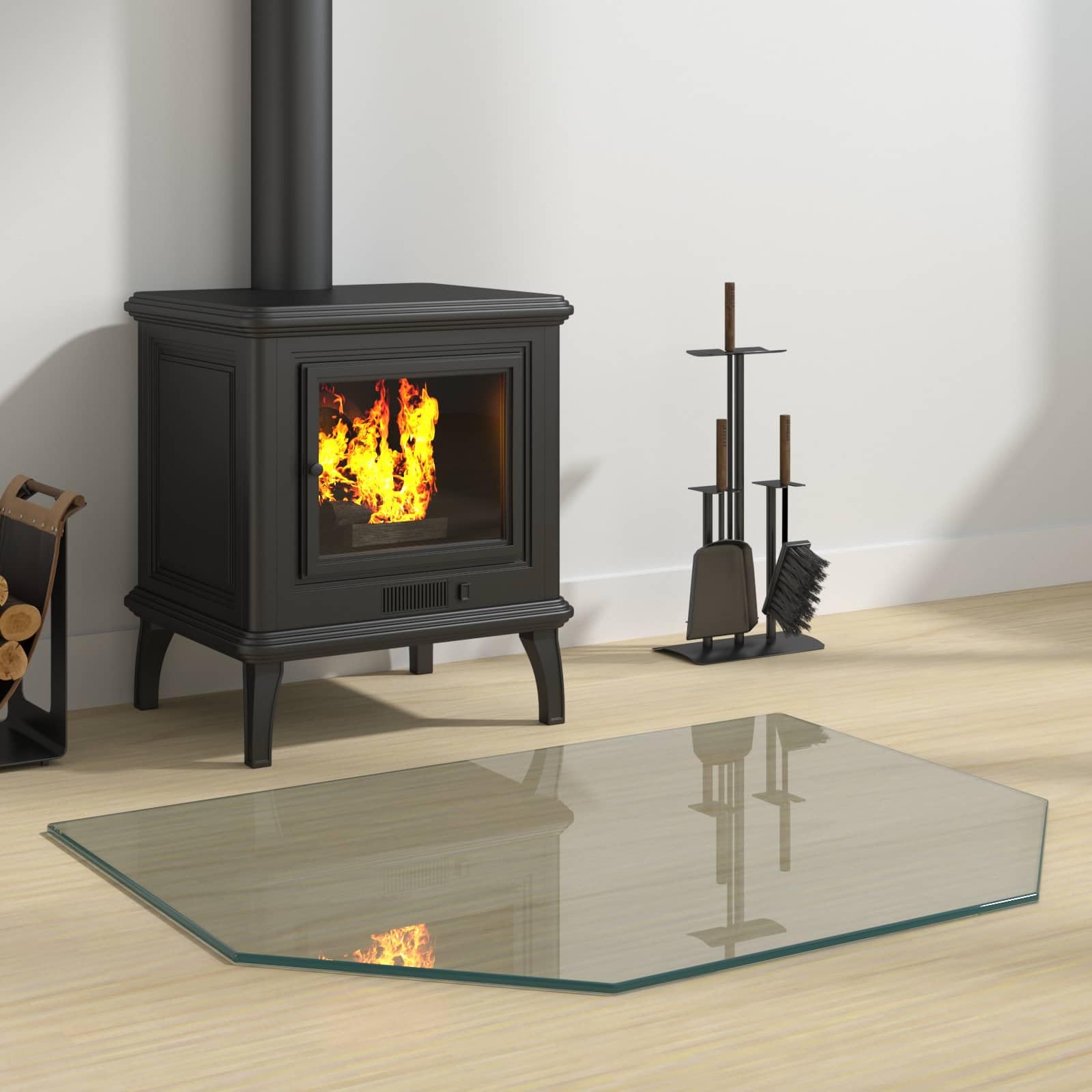 Kaminbodenplatte 80 x 60 cm aus gehärtetem Glas - Funkenschutzplatte für Kaminofen, Bodenplatte für Kamin, Transparente Glasplatte für Parkett und Laminat