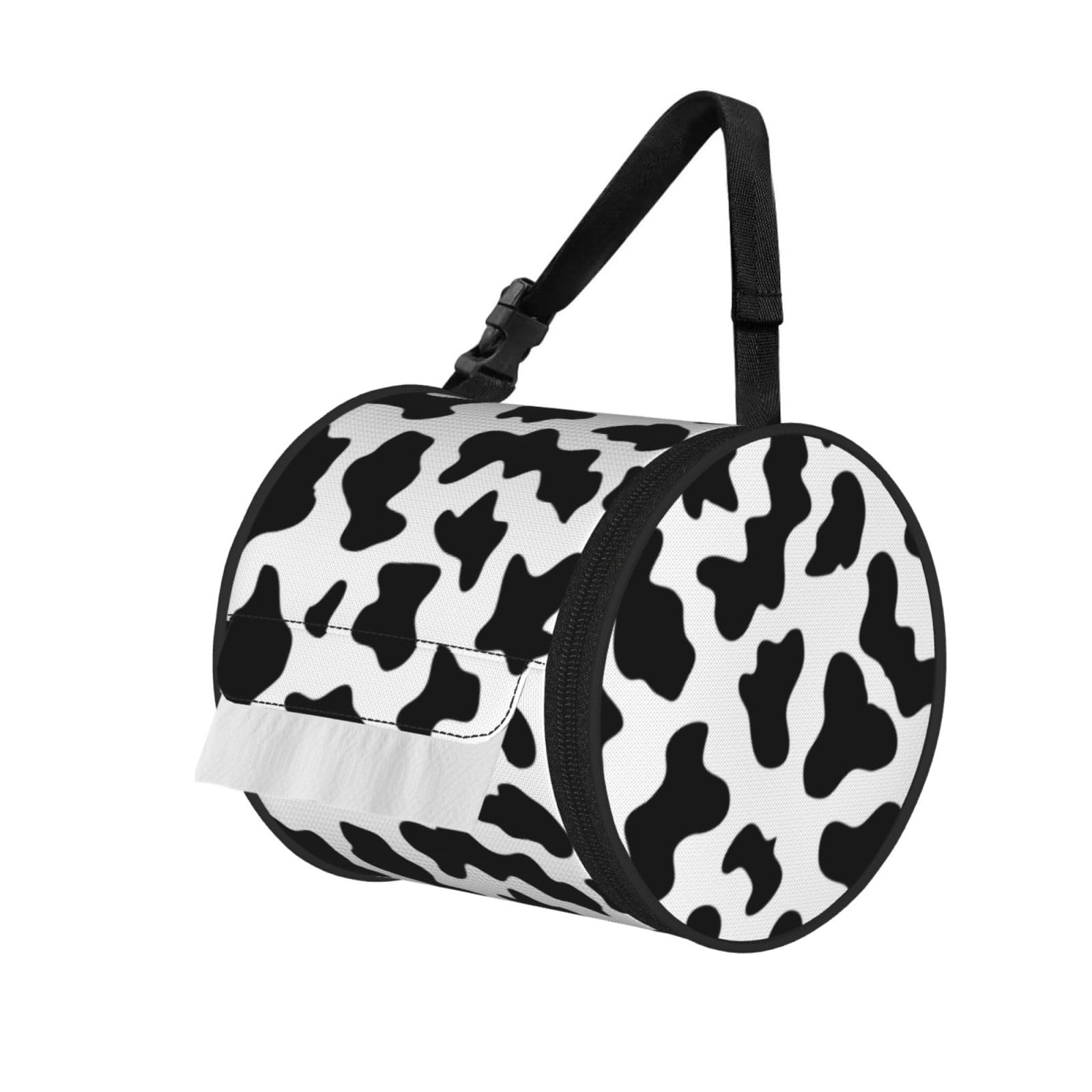 Black and White Cow Print Printed Pet-Proof Toilet Roll Bag, Durable Oxford Cloth with Handle for Travel Tent Kitchen