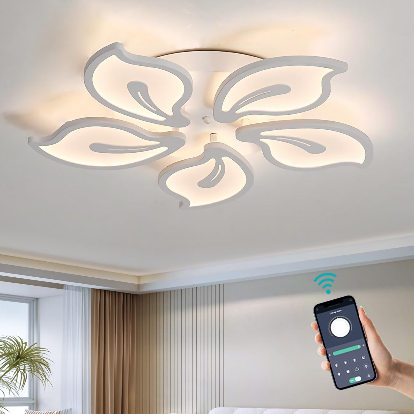 Dimmable Light Fittings, LED Modern Bedroom Ceiling Lamp, Ceiling Lights with Remote Control and APP, Memory Function, Night Light, Timer for Living Room Kitchen-White