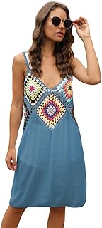 ملابس سباحة بدون أكمام من شوداي، فستان شاطئ بخياطة بوهيمية، طقم شمس يغطي بنمط ملون، رقبة على شكل حرف V، وفستان تونيك بتفاصيل مجوفة سحب فوق كاش مايو للنساء