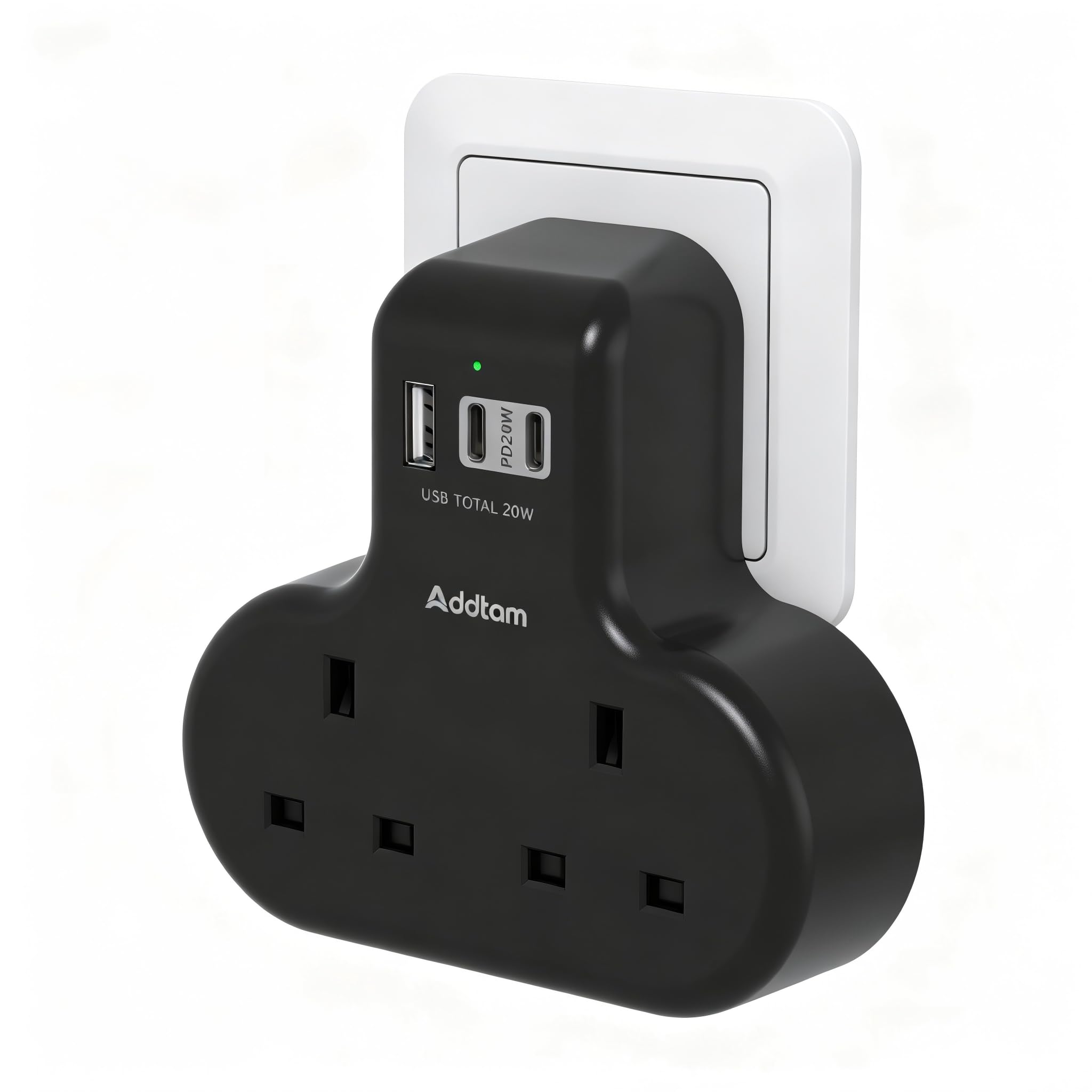 PD 20W Addtam Double Plug Extension, 2 Way Multi Socket Adaptor with 3 USB Ports (2 USB-C), 13A UK 3 Pin Plug Extension for Home, Office, Travel & School Supplies Black