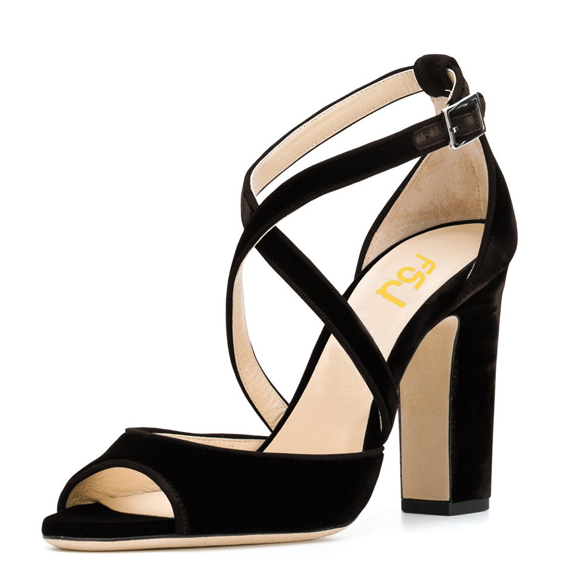 FSJ Women Elegant Peep Toe Sandals Chunky High Heel Pumps Cross Strap Velvet Suede Dress Pumps Size 4-15 US: 10 Black