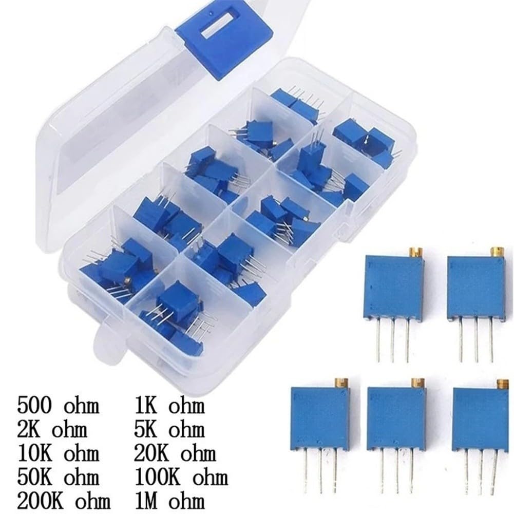 FACAIIO 50pcs 3296W Multiturn Potentiomètre Kit 10 Valeurs Assorties 500°-1M° Résistance Variable, Bleu Trim Pot Set Electronique DIY et Réparation