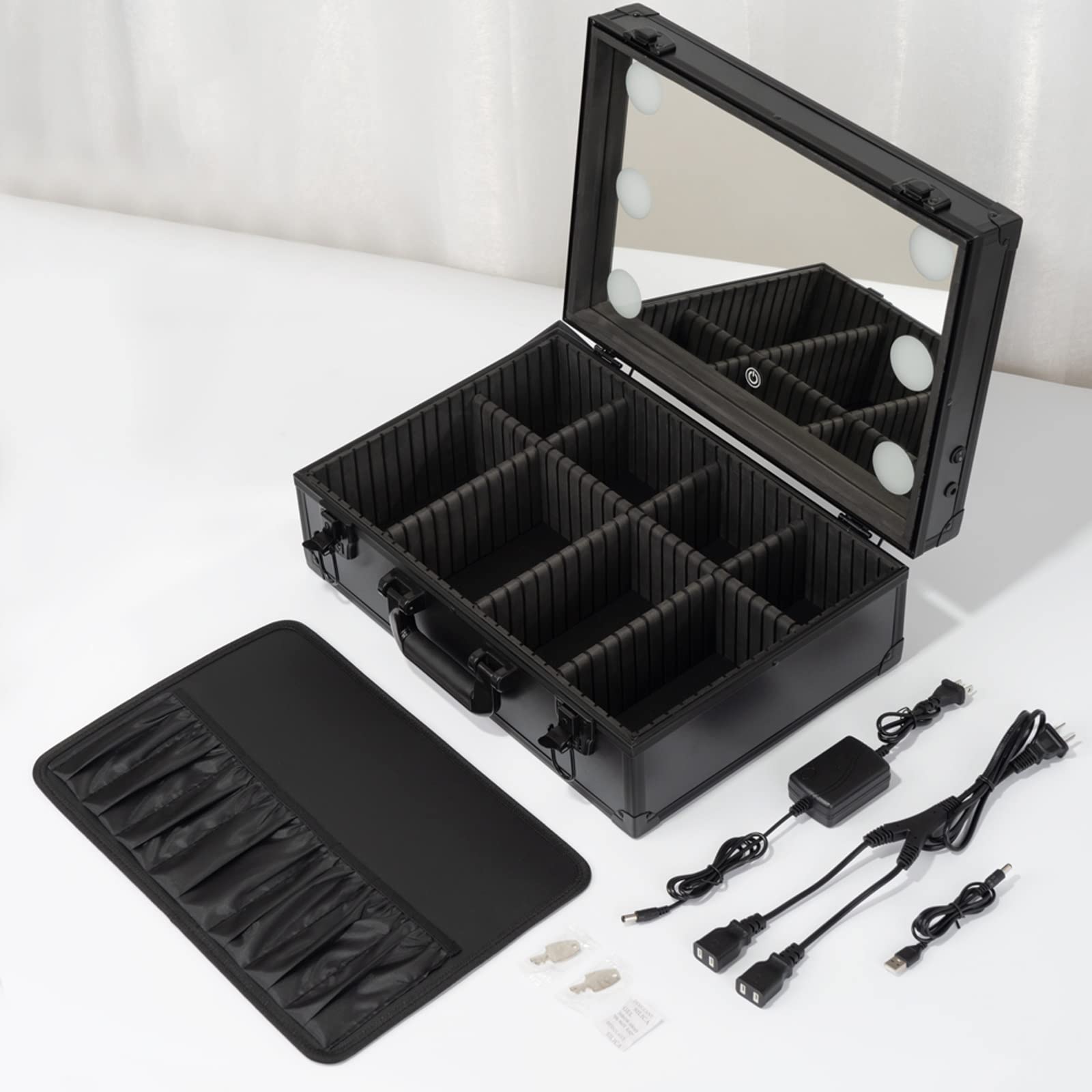Astuccio cosmetico Professionale Organizer per pennelli Trucco Astuccio per truccatore, Alluminio, Laminato AntiGraffio, divisori Regolabili, Astuccio cosmetico con Luce e Specchio