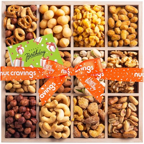 NUT CRAVINGS Gourmet Collection - Happy Birthday Treats, Nuts Gift Basket with Bday Ribbon in...