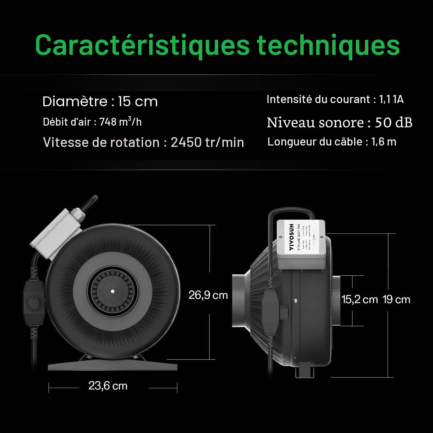 VIVOSUN Ventilateur de Conduit 150mm Extraction 748m³/h avec Régulateur de Vitesse Variable Ventilateur pour Tente de Culture, Serre Intérieure, Jardin Intérieur Ventilateur Noir