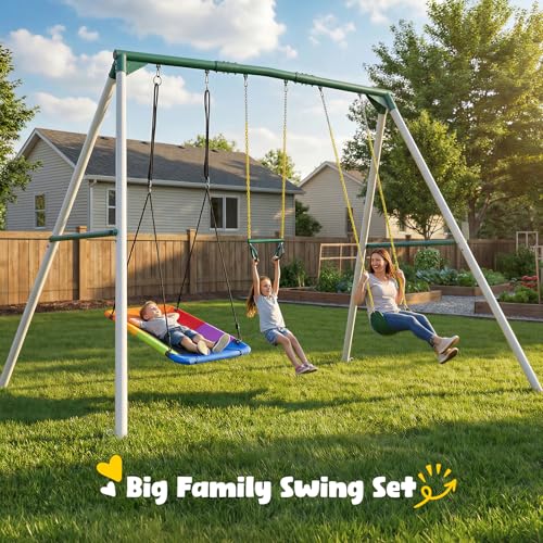 Image of Hapfan 9.5' Tall Heavy Duty Metal Swing Sets for Backyard with 3 Swings | Platform + Belt + Trapeze Swings, Weather-resistant A-frame Swingset, 600 lbs Capacity, Easy Backyard Setup