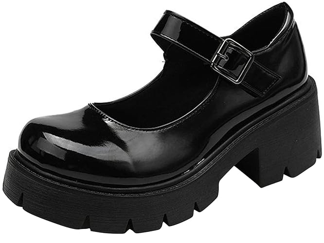 Women's Platform Mary Janes Chunky Heel Ankle Strap Uniform Dress Shoes Heeled Gothic Lolita Oxfords - 8 - Single Strap-jet Black