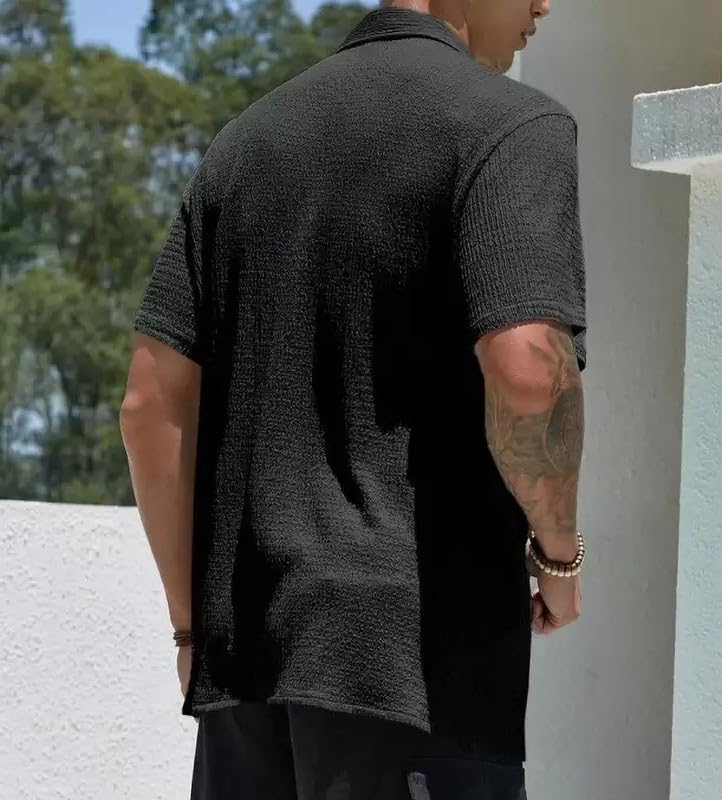 Image of MiraMichi Men's Slim Fit Half Sleeve Polycotton Casual Shirt - Solid Pattern, Hip Length, Ideal