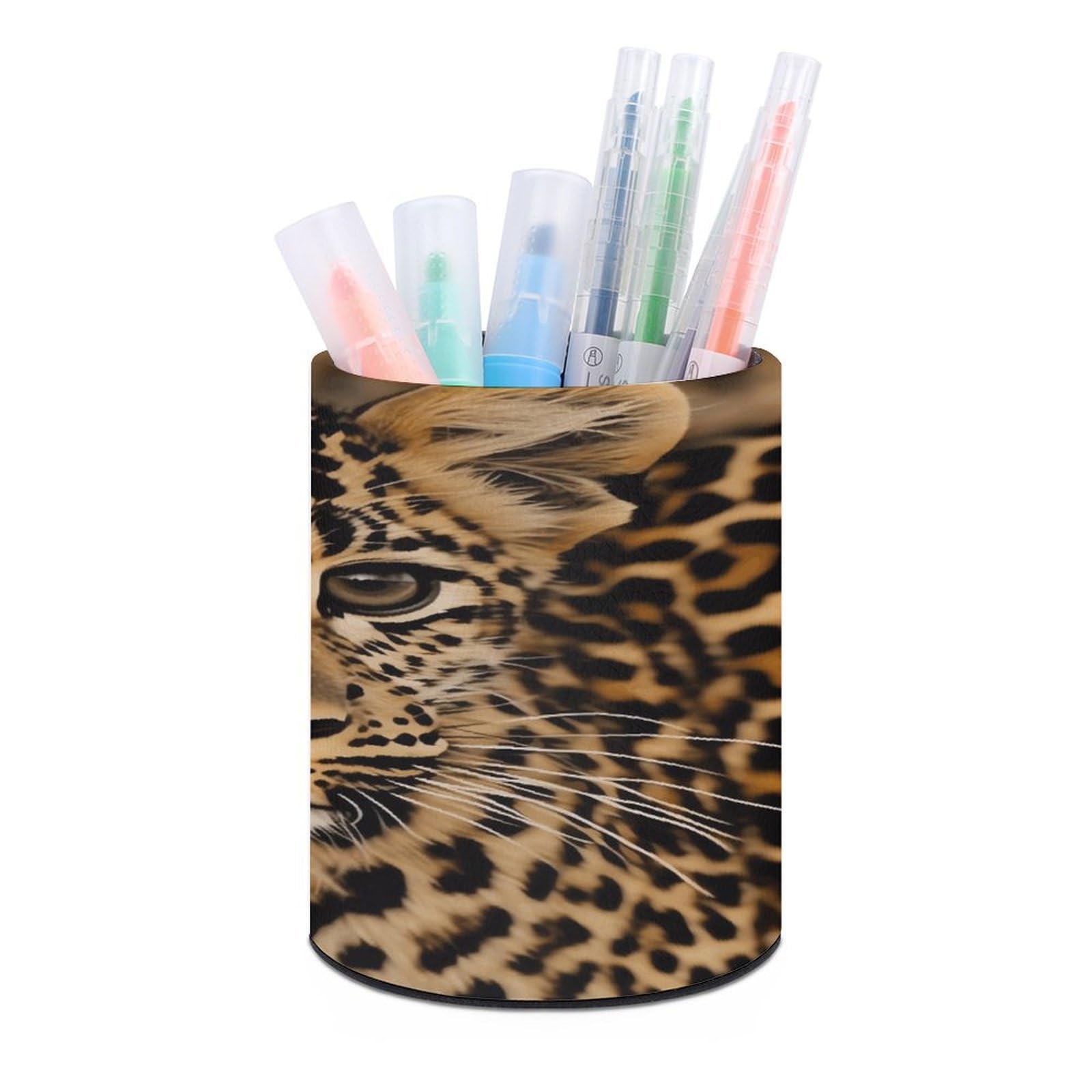 VstaDank Cute Leopard Pen Holder PU Leather Pencil Cup Minimalist Desk Pencil Holder Round Make Up Brush Organizers For Office Dorm Room&Vanity Desk Accessories