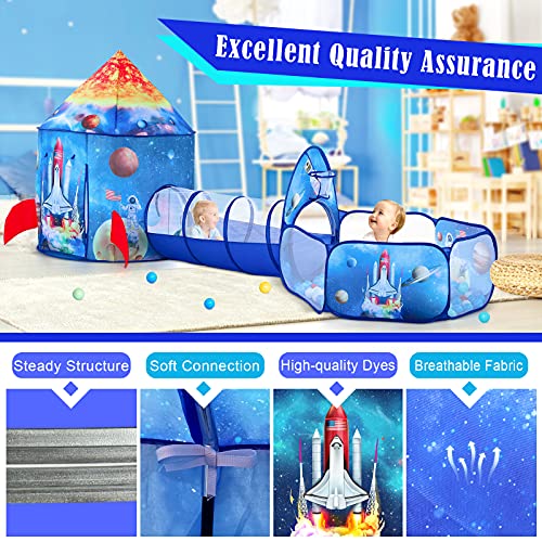Image of PigPigPen 3pc Kids Play Tent for Boys with Ball Pit, Crawl Tunnel, Rocket Ship Tents for Toddlers, Baby Space World Playhouse Toys, Boys Indoor& Outdoor Play House, Perfect Kid's Gifts