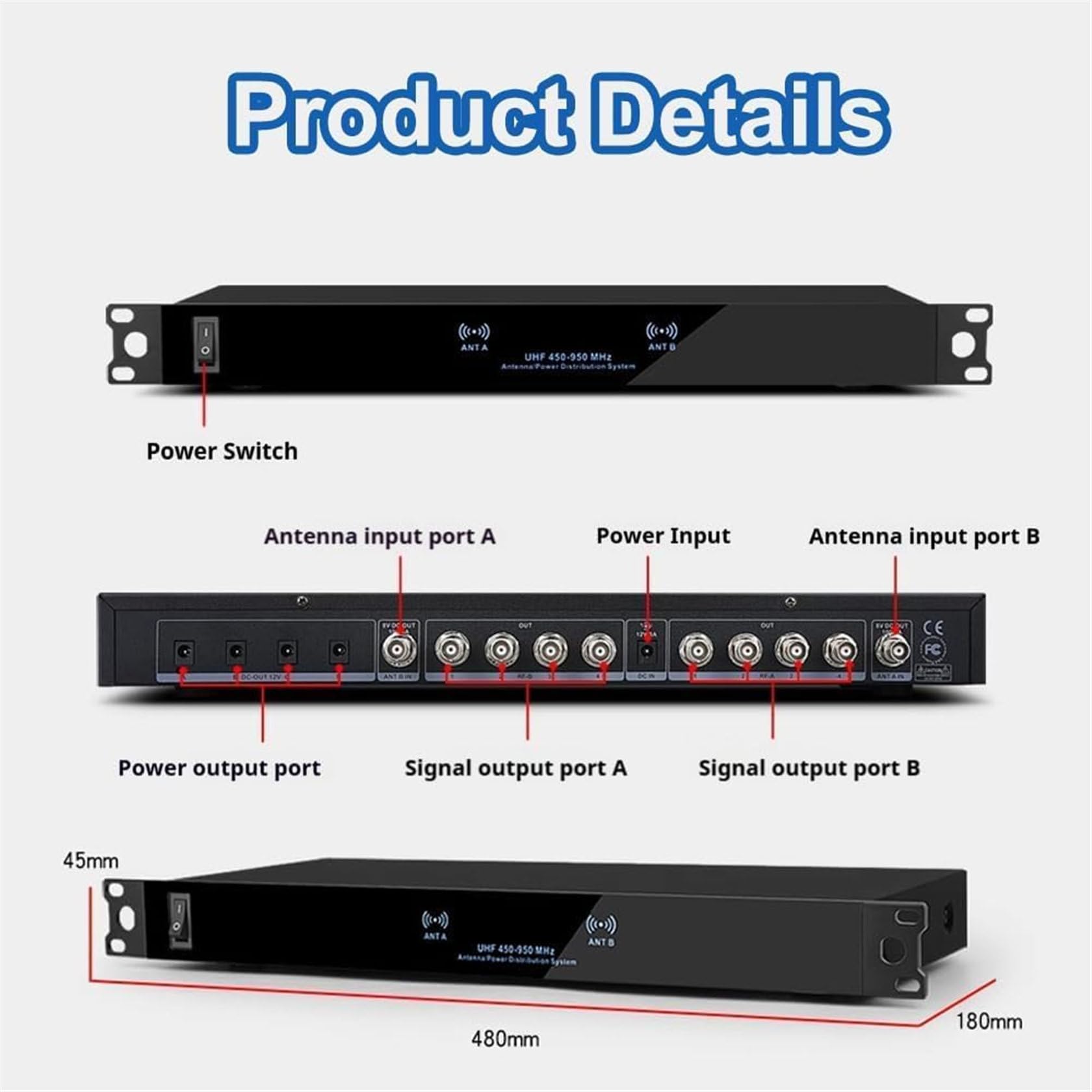 Amplificatore di Segnale per Microfono Wireless, Distribuzione di Antenna Uhf, Palette per Antenna Attive 8 Uscite + 2 Porte A Cascata, Copre La Gamma di Frequenza 400-950 MHz