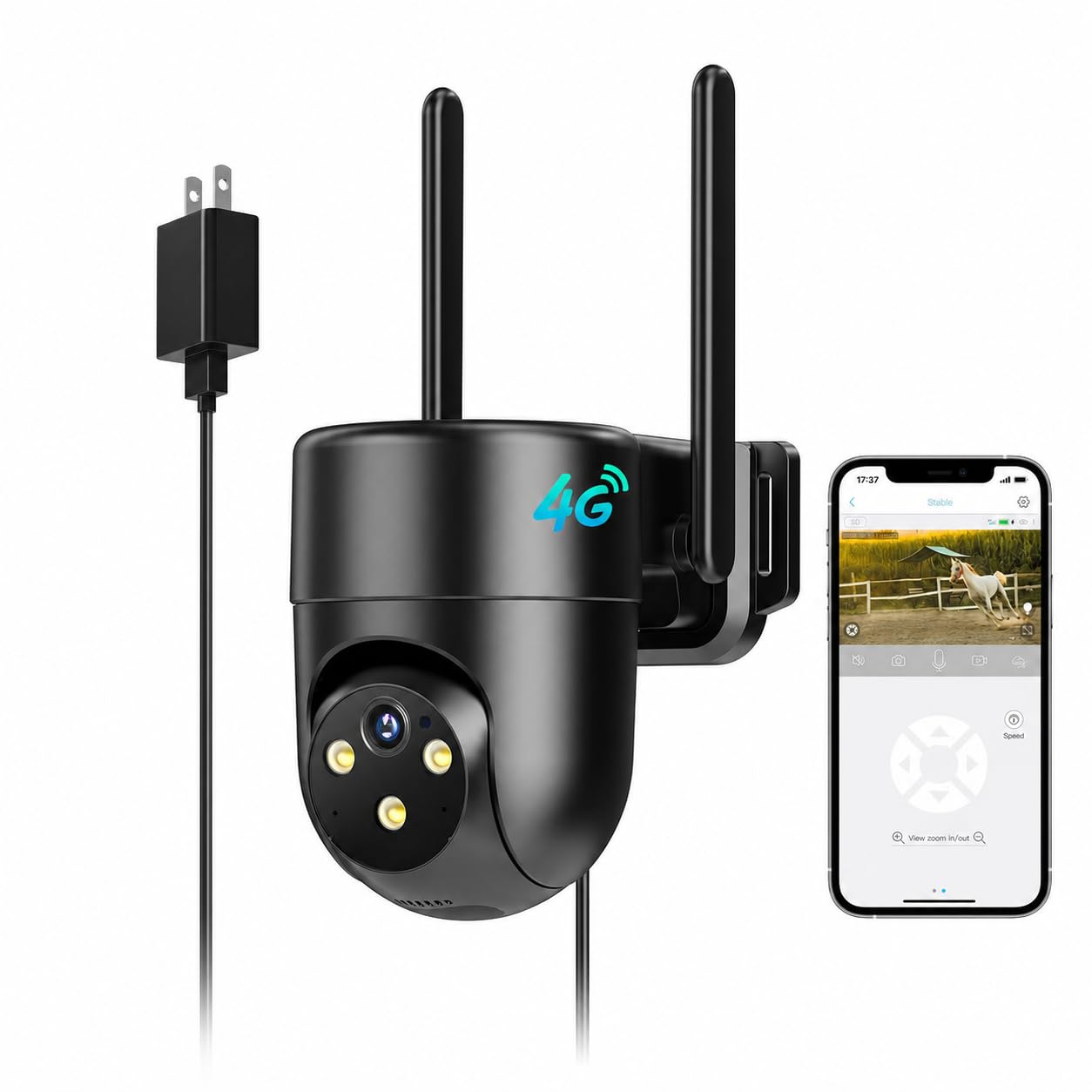 No WiFi Security Camera Outdoor Indoor, Plug-in for 24/7 Recording, 2K Color Night Vision, Built-in SIM Card, Farm, Off Grid LIWAN Wired 4G LTE Cellular Security Camera, No WiFi Needed, Black, 1 Pack