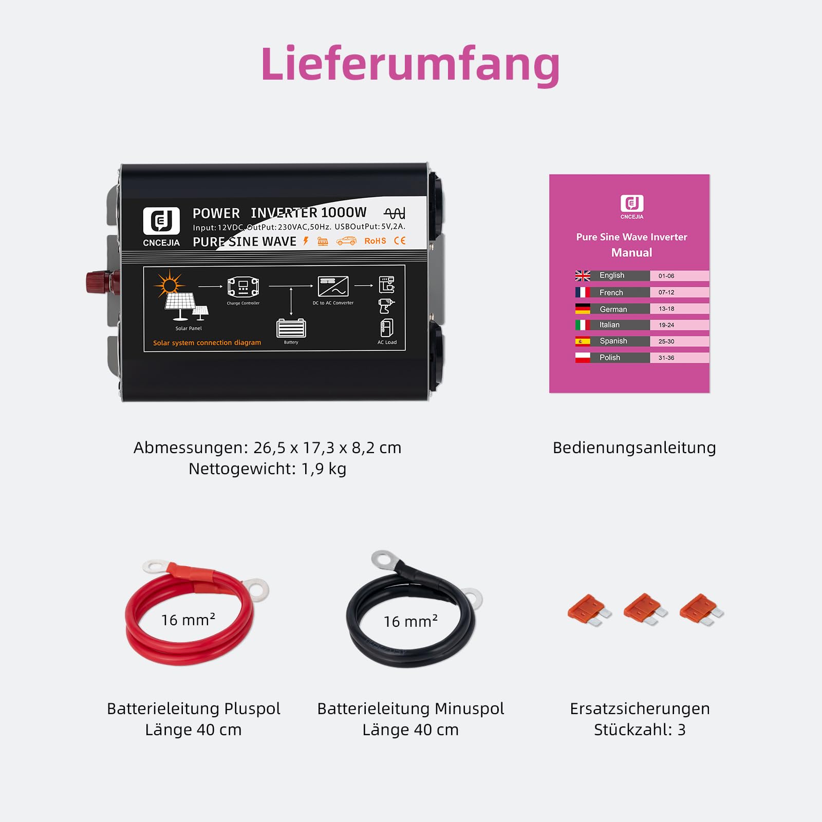 CNCEJIA 1000W Wechselrichter Reiner Sinus 12v auf 230v Spannungswandler mit 2 USB Anschlüsse 2 Steckdose LCD-Display für Auto Wohnmobil Camping (Schwarz)