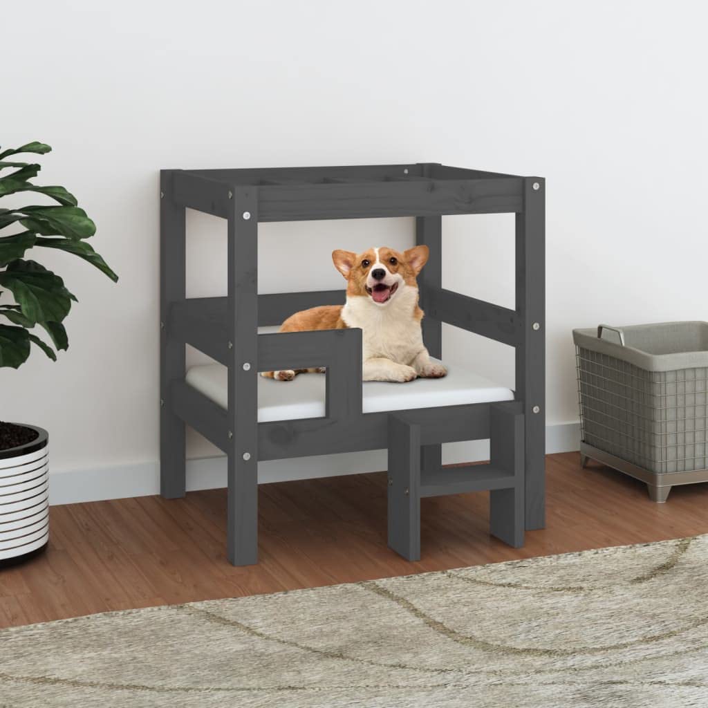 Cama para perros de madera de pino maciza, color gris, 55,5 x 53,5 x 60 cm, para canasta de perro, lugar de dormir, litera, cama para mascotas, cama para mascotas y comodidad tranquila en el