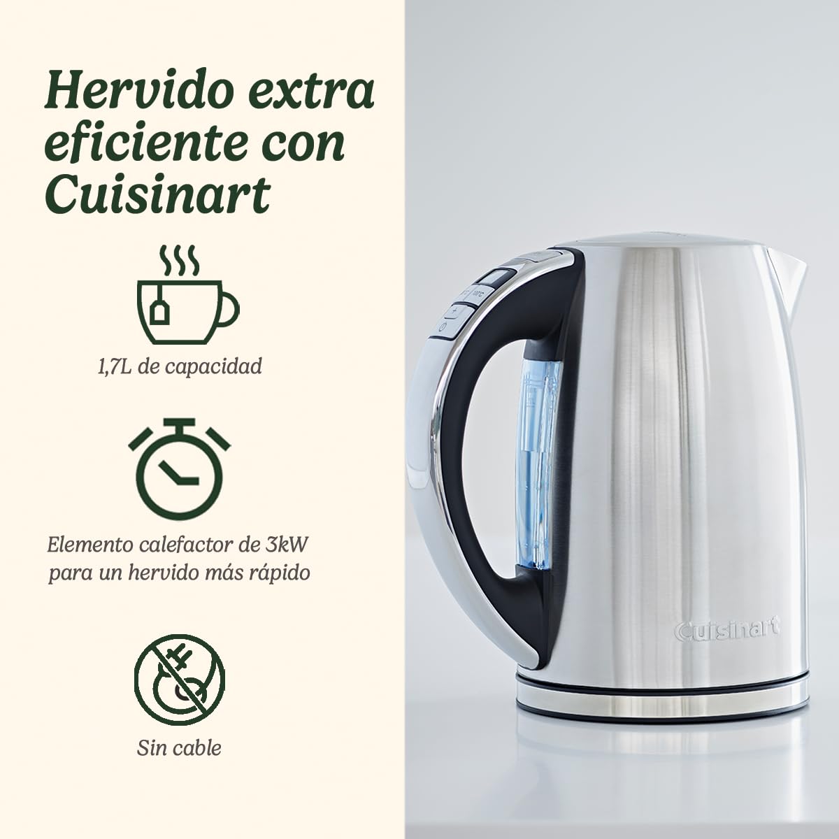 Cuisinart Hervidor eléctrico con jarra Multi-Temp | Ebullición rápida, 3KW | Sin cable | 1,7L de capacidad | Temperatura ajustable | Filtro antical lavable y extraíble | Acero inoxidable