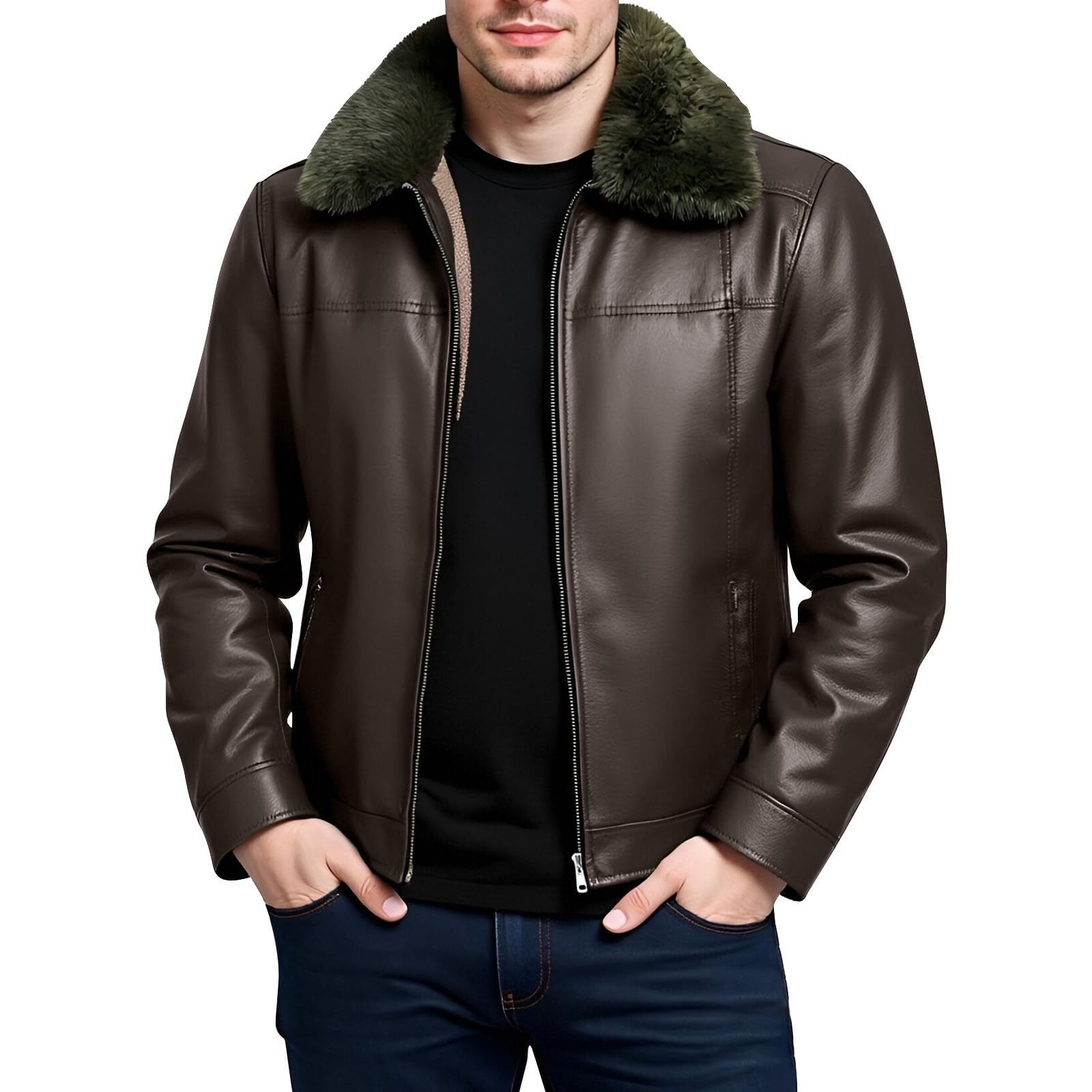 SOOUICKER Lederjacke Herren Winter Gefüttert Bomberjacke Fell Kunstleder Winterjacke Leder Warm Motorradjacke Vintage Fliegerjacke mit Fellkragen Hemdjacke Reißverschluss Elegant
