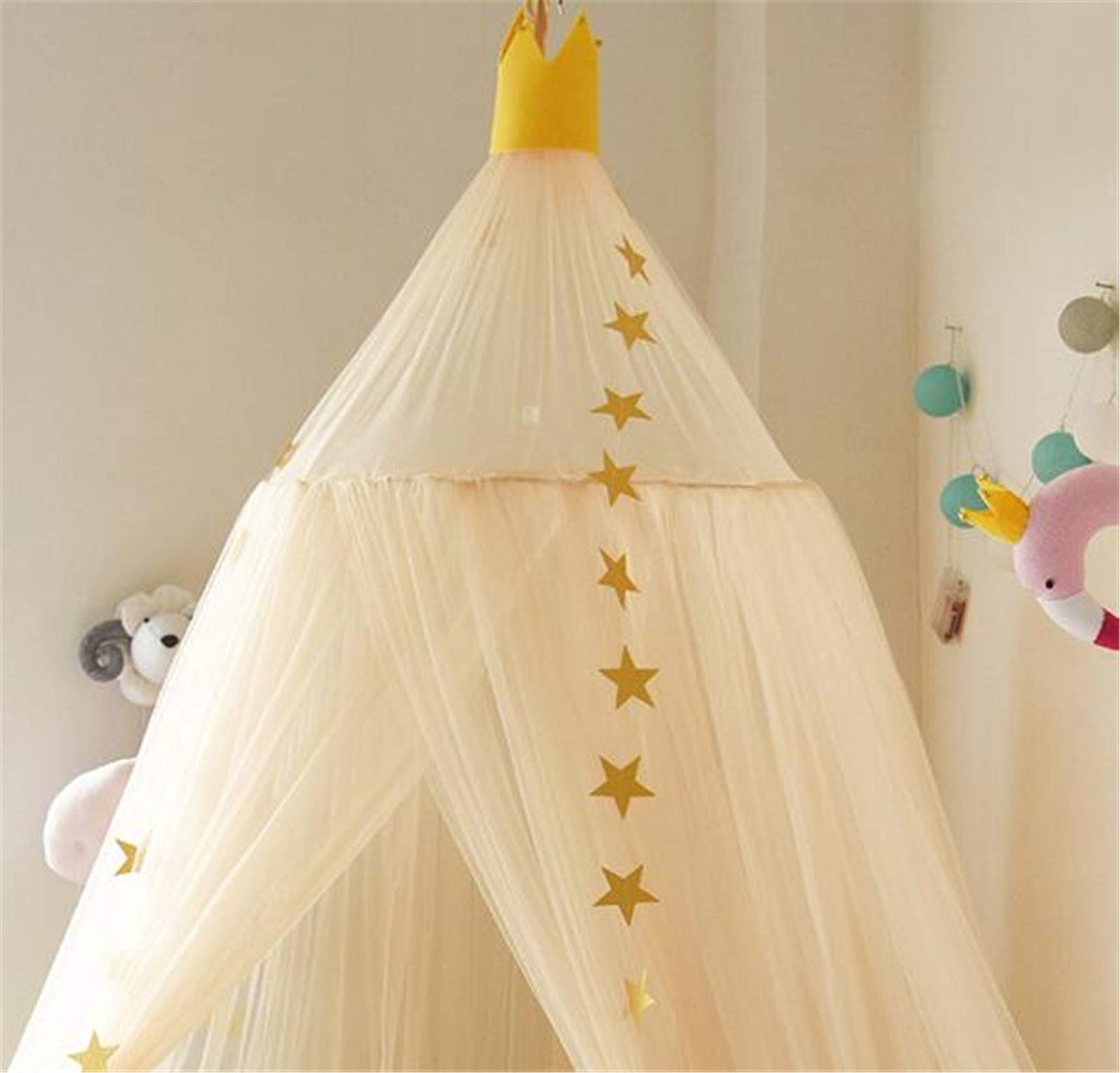 Ciel de lit pour bébé - En mousseline de soie - Avec guirlande d'étoiles - Jaune