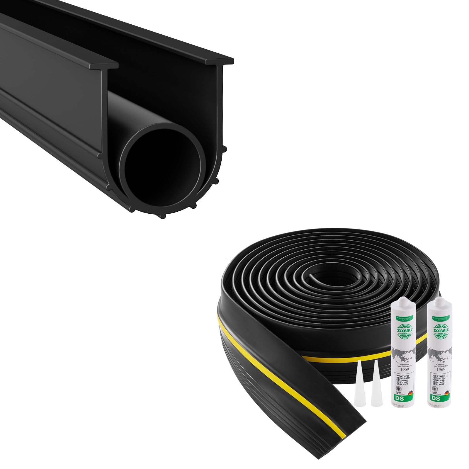 VEVOR Joint de porte de garage, 4,​88 m, kit de joint de seuils d'étanchéité universel pour bas de porte de garage, 2 pcs, en forme de U+​O, bande en PVC résistante aux intempéries, avec adhésif, noir
