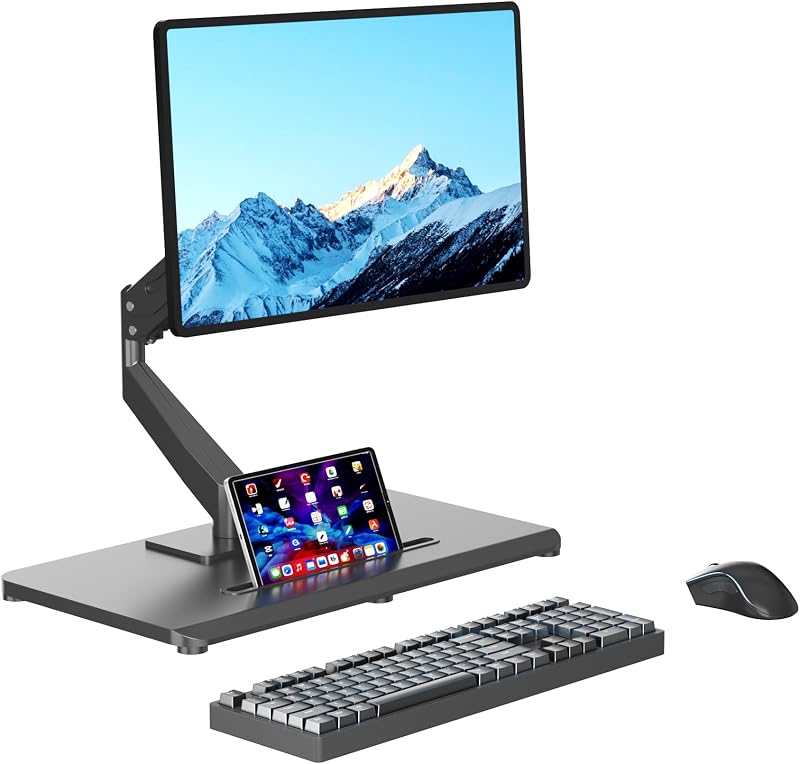 Adjustable Monitor Arm with Base for 17-32" Screen | Pneumatic VESA Computer Mount with Base, Freestanding Full Motion, Holds up to 22 lbs