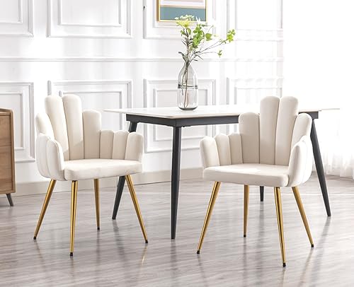 CIMOTA Juego de 2 sillas de comedor de terciopelo crema, cómodas sillas tapizadas para sala de estar, silla moderna con respaldo en forma de dedo,