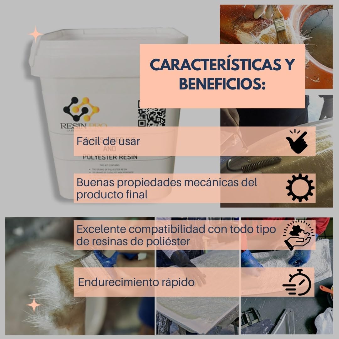 Resin Pro – 700gr Kit de reparación de resina + fibra de vidrio de 1 m x 1 m – rápido, sencillo y duradero, material de refuerzo