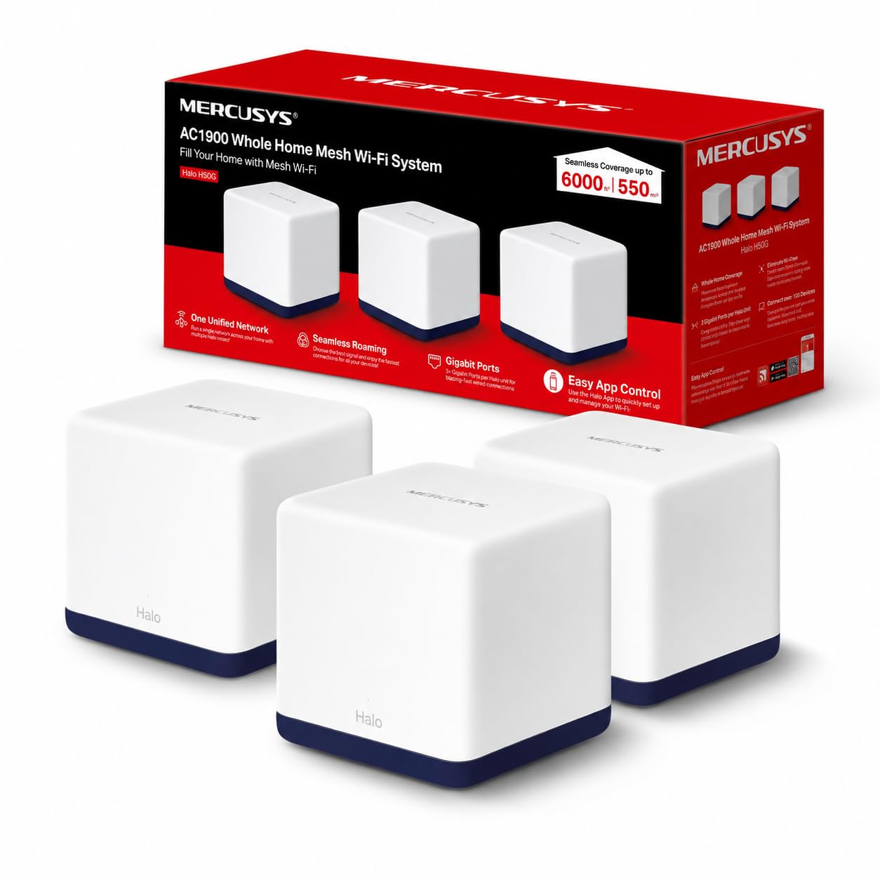 MERCUSYS Halo H50G(3-pack) AC1900 WiFi Extender Booster,Dual Band Mesh WiFi System,TP-Link Router,VPN Encryption WiFi Booster,APP Control,Guest Network,Gigabit Ports,Easy Setup,Parental Control