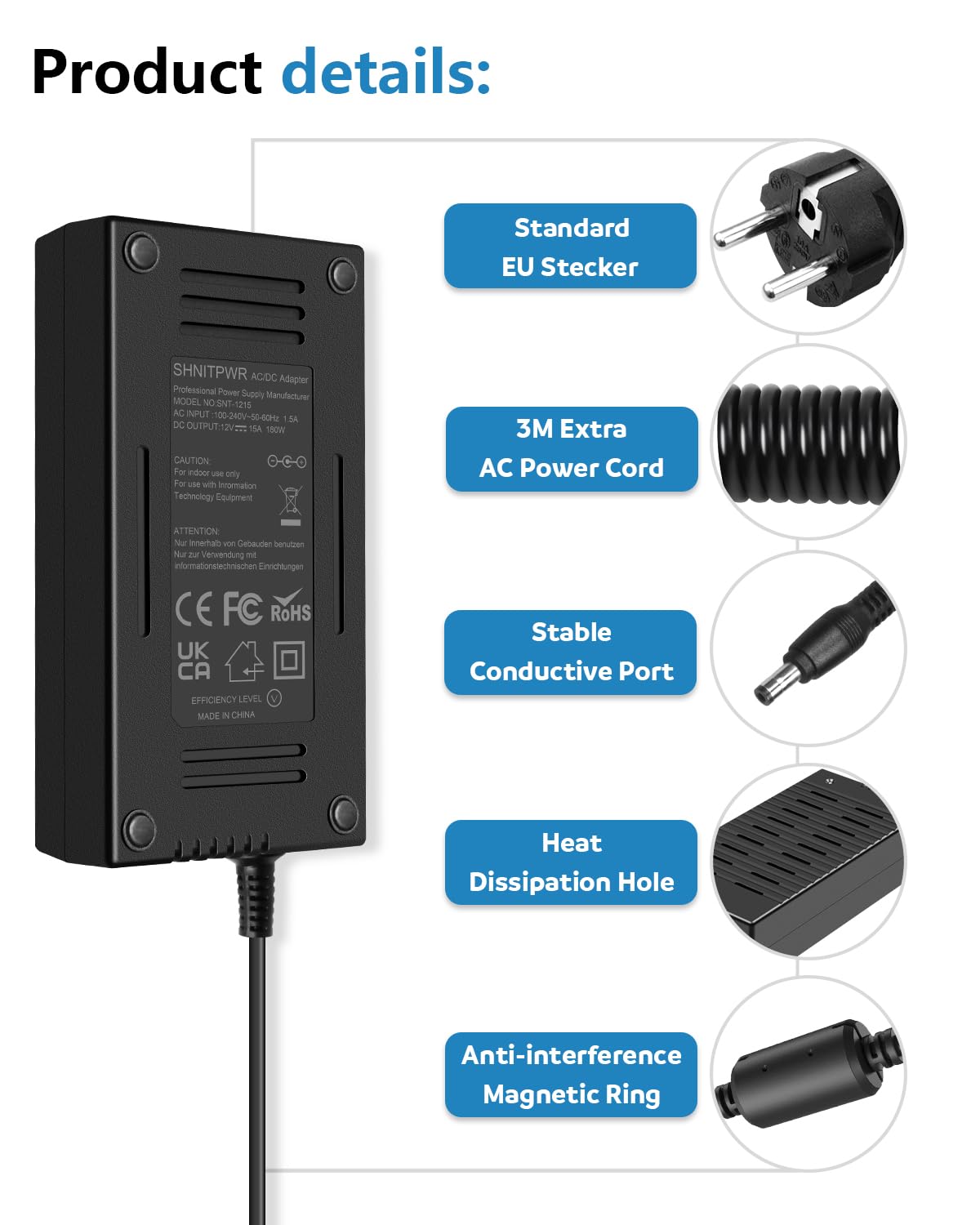 SHNITPWR Netzteil 12V 15A 180W AC/DC Adapter 100-240V 50-60HZ 12 Volt 12A 10A Netzadapter Steckernetzteil 12V mit 3M Netzkabel für LED-Streifenlicht 3D-Drucker DVD TV Kamerasystem
