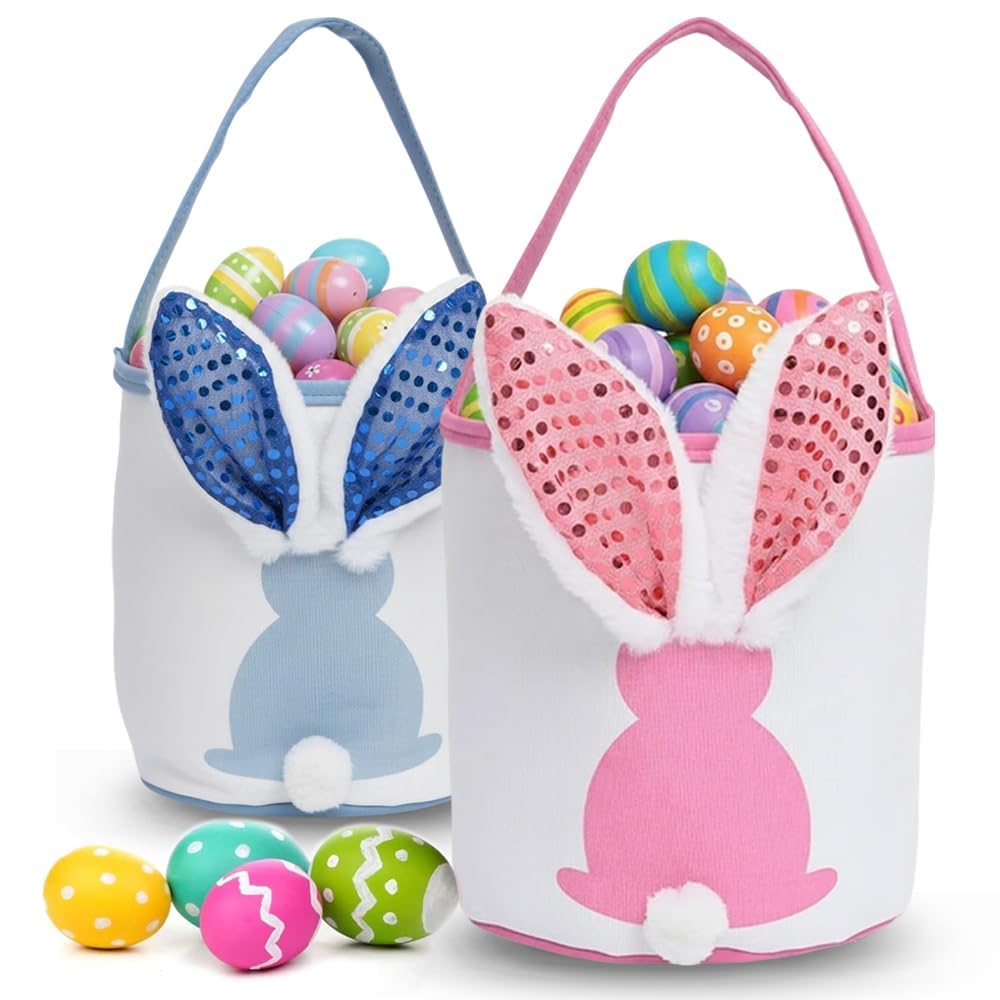 2 Packs Easter Baskets, Easter Bunny Baskets with Handle Gift Baskets Tote Bags Cute Egg Hunt Buckets for Easter Eggs Hunt, Easter Party Favor(No Easter Eggs)