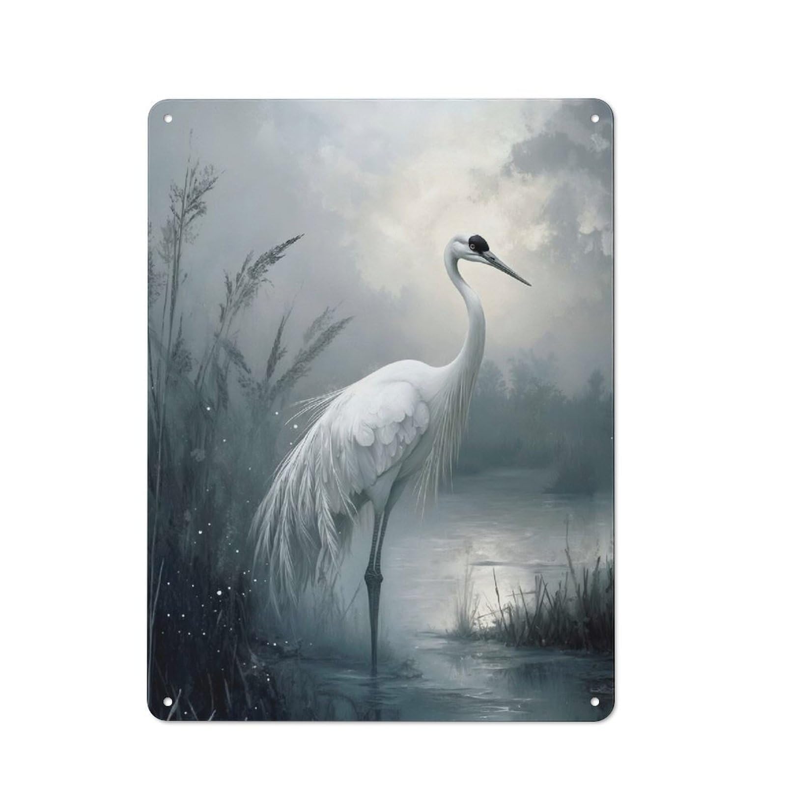 Junmoney Elegant White Crane In Misty Waters Tin Sign 40X30cm For Living Room Wall, Retro Wall Decor, A Decorative Metal Sign For Living Rooms And Feature Walls