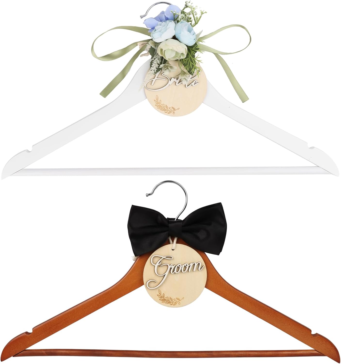 Bride & Groom Hanger - 2 Pack Personalized Name Tags, Dark & White Wood Bridal Dress Hanger, Ideal Keepsake for Wedding Day Photos & Gift