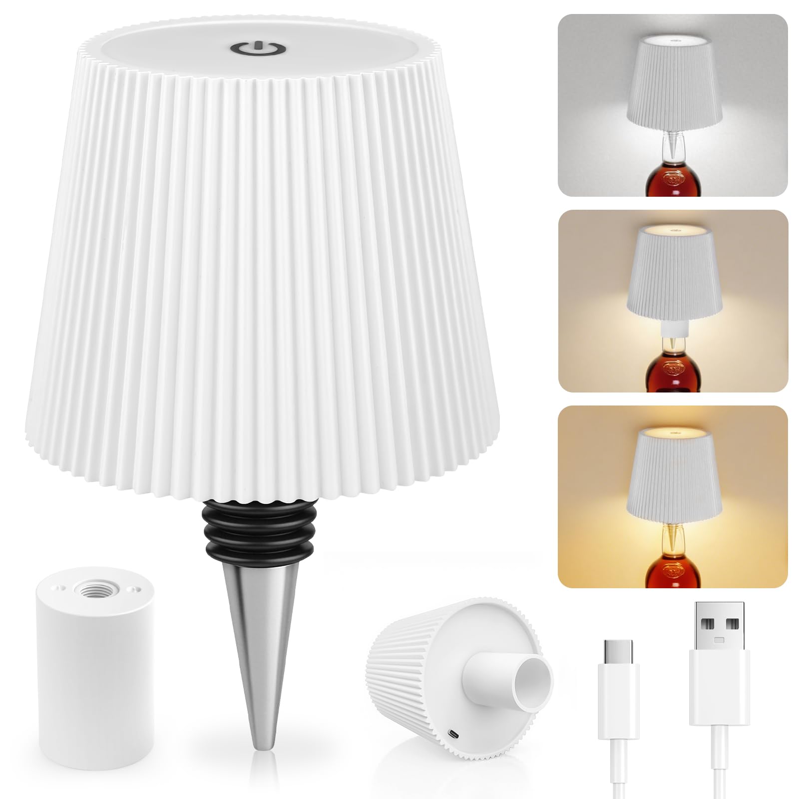 Lámpara LED Recargable Para Botella, 3 Modos De Temperatura De Color Ajustables, Táctil, Protección IP54, Lámpara Mesa Inalámbrica Recargable USB, Ideal Para Restaurante, Dormitorio, Jardín,(Blanco)