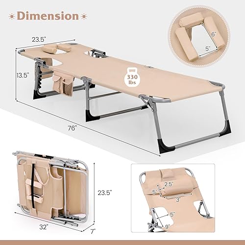 Miniatura 3 de Giantex Silla bronceadora, silla de descanso portátil de 330 libras con respaldo ajustable de 5 posiciones, agujeros para brazos faciales, bolsillo