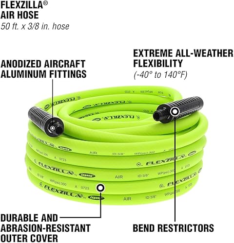 Miniatura 3 de Flexzilla Manguera de aire, 38 pulgadas x 50 pies, 14 pulgadas MNPT, resistente, ligera, híbrida, ZillaGreen - HFZ3850YW2