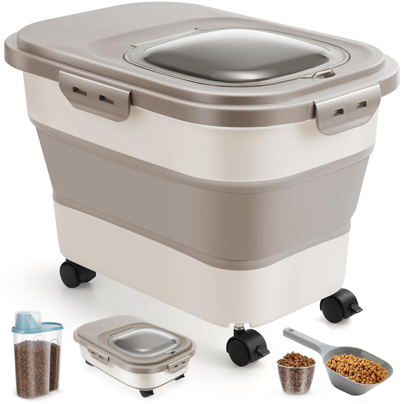 Dog Food Storage Container - Up to 20lbs Collapsible Dog Food Container with Casters, Scoop and 2.5L Small Pet Food Container to Keep Dry Pet Food Fresh (Khaki)