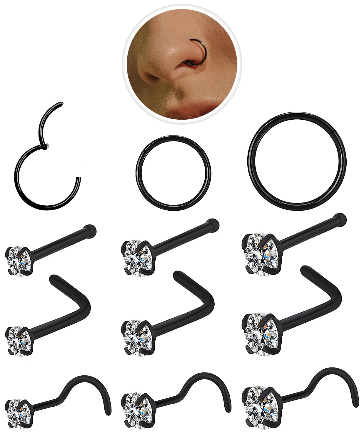 AMASIS 12 Pcs 20G Hypoallergenic 316L Surgical Stainless Steel Nose Rings Hoops Gold Silver Nose Piercings Jewelry L Shape Nose Rings Corkscrew Nose Rings Studs 1.5/2/3mm CZ Sets for Women Men